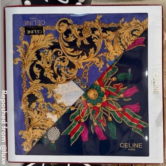 Celine Accessories - Celine Navy Blue, Gold & Green Baroque Silk Scarf